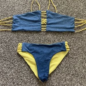 Reversible denim/yellow bikini